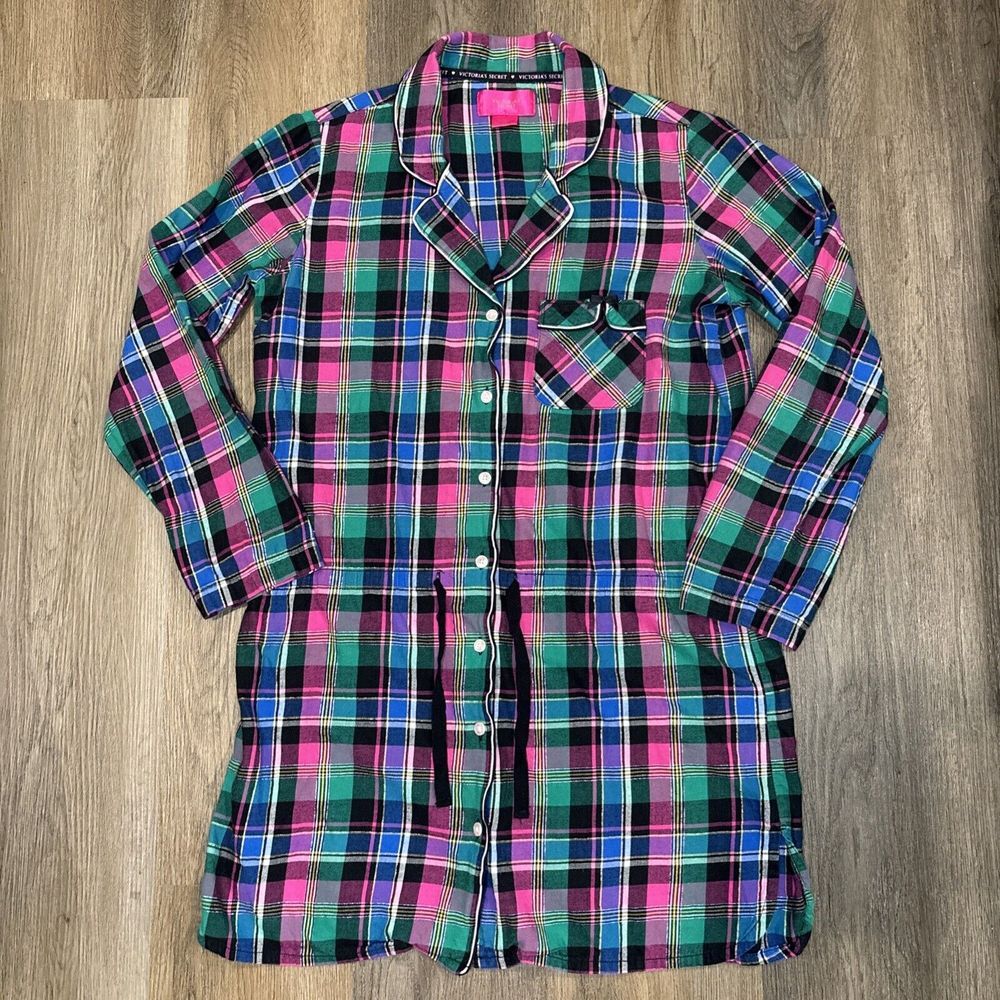 Victoria's Secret Night Shirt Women's Medium Plaid Sparkle Nightgown Button‎ Tie